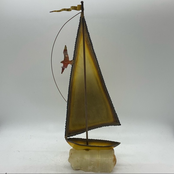 MCM Vintage Artist Signed DeMott Brutalist Brass Sailboat on Onyx Sculpture - Picture 2 of 3